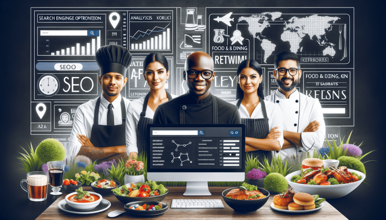 Restaurant marketing: diverse chefs, healthy food, SEO data.