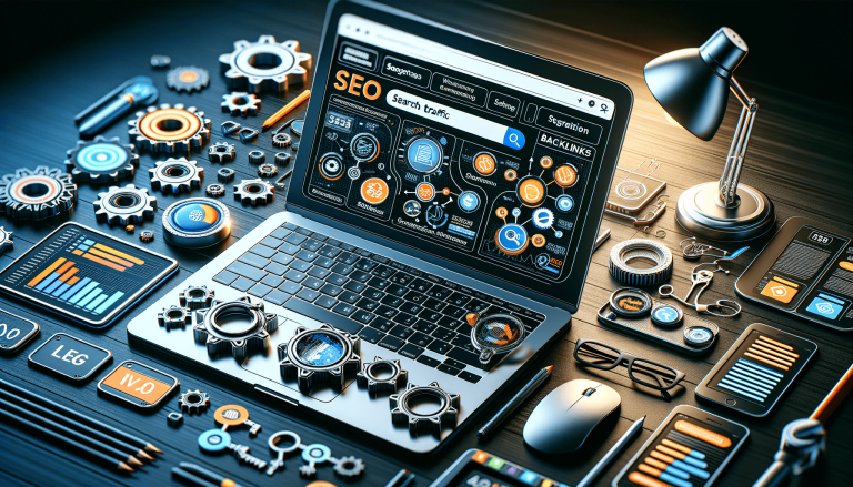 SEO dashboard on laptop, surrounded by gears and digital tools.