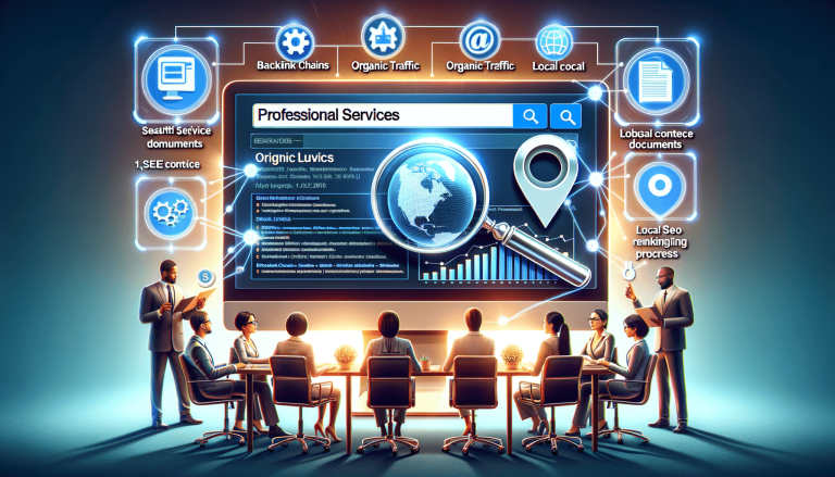 Business team analysing SEO and professional services on a digital screen.