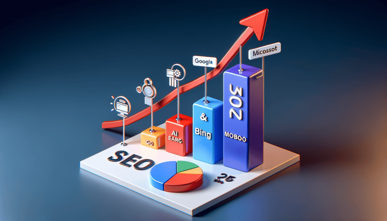 SEO growth shown with search engine bar chart and market share.