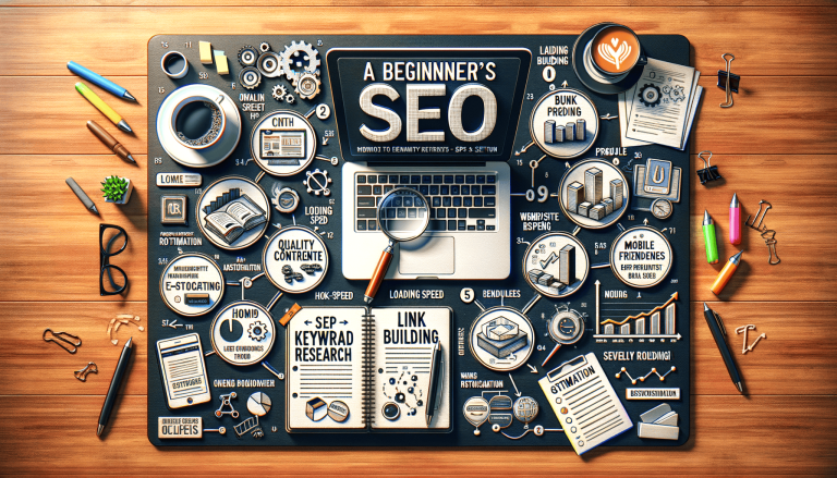 Flat lay of SEO concepts on a blackboard with office supplies.