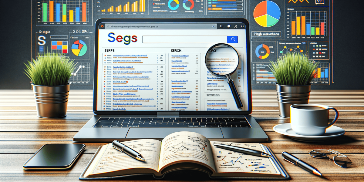SEO and data analysis setup with laptop, notebook, and coffee.