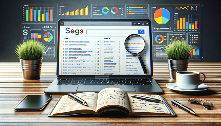 SEO and data analysis setup with laptop, notebook, and coffee.