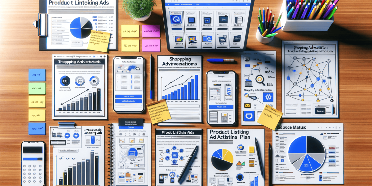 Marketing and data analysis documents, electronics, stationery on wooden desk.