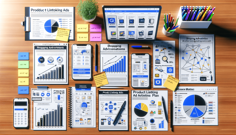 Marketing and data analysis documents, electronics, stationery on wooden desk.