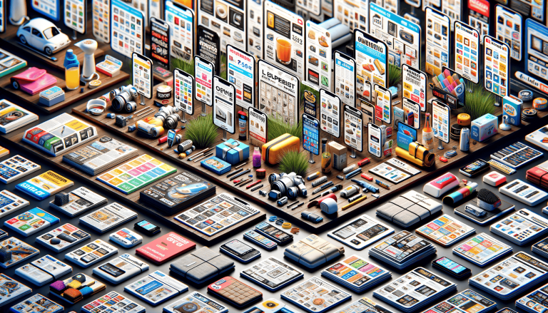 Isometric display of digital apps, products, and technology.