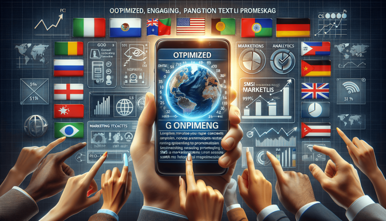 Hands interact with a global marketing smartphone interface and flags.