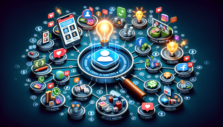 Digital marketing ecosystem with audience, social media, and paid strategies.