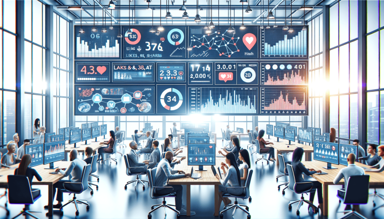 Modern office with many workers and large data screens.