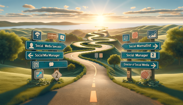 Winding road at sunset with social media career path signposts.