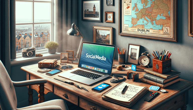 Laptop on a desk showing social media, city view from window.
