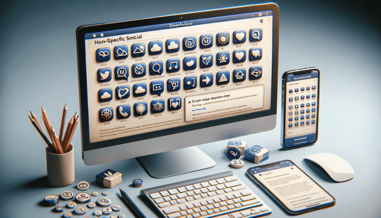 Modern desk setup with multiple screens, app icons, and stationery.