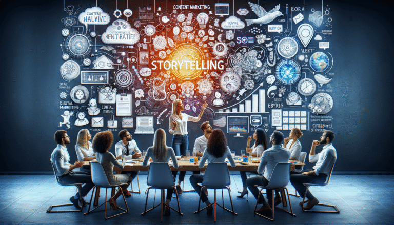 Woman presents storytelling strategy to diverse business team.