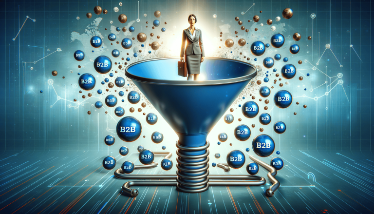 Businesswoman in B2B marketing funnel with digital global network.