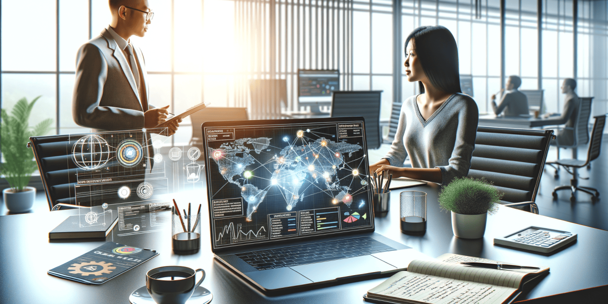 Two businesspeople analysing global tech data in a sleek office.