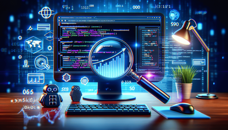 Digital data analysis, coding, and business growth on a futuristic desktop.