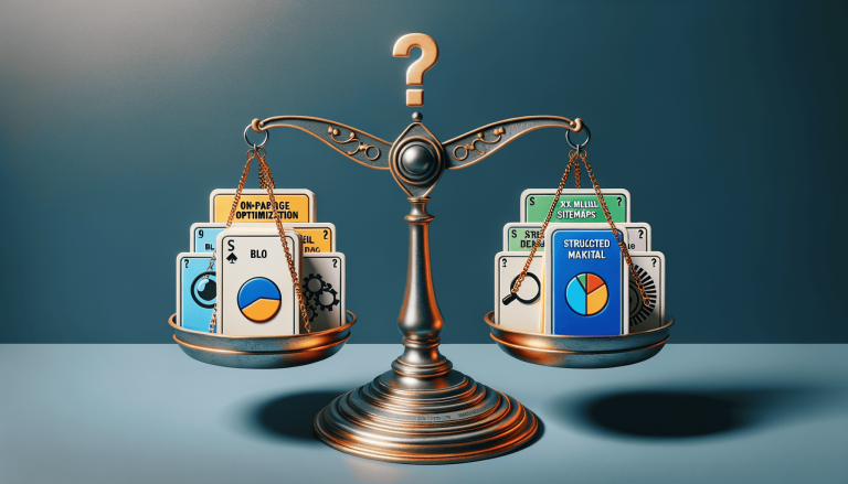 Question mark above balanced scale weighing SEO strategies.