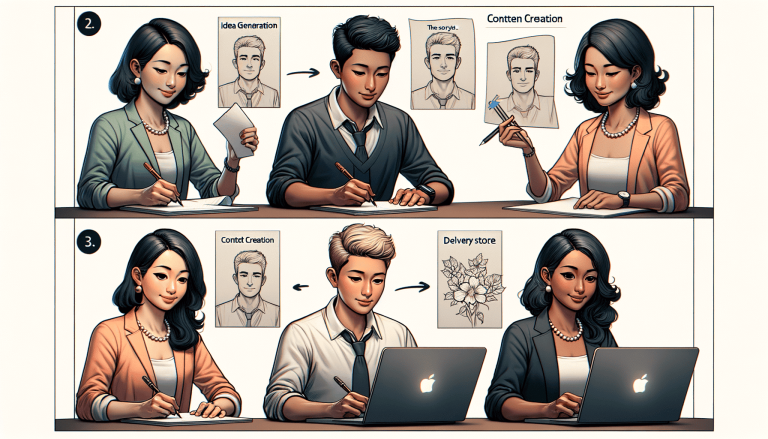 Illustration of a creative workflow: ideation, content creation, and digital delivery.