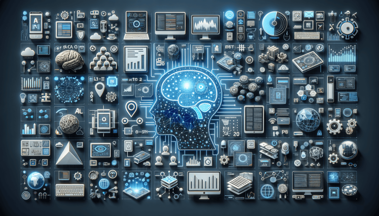 AI brain and data network with various technology icons.