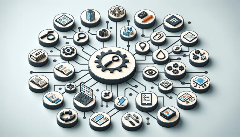 Circular network of various business, technology, and information icons.
