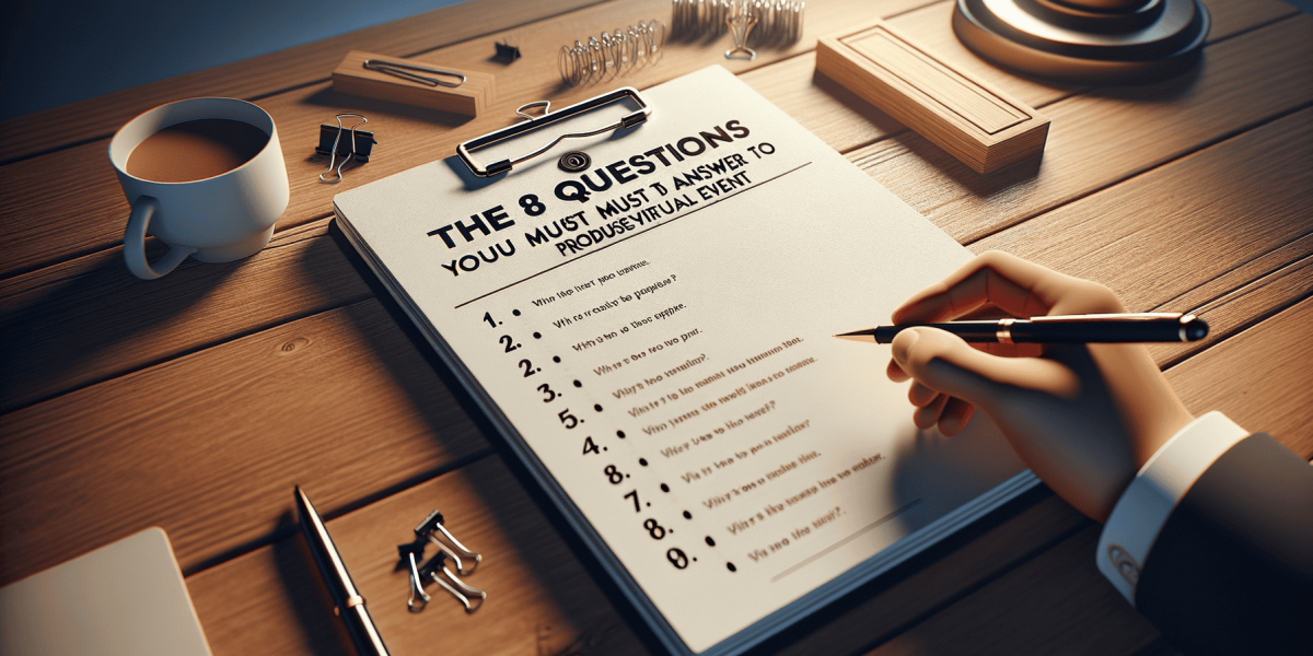 Hand writing checklist for virtual event planning on wooden desk.