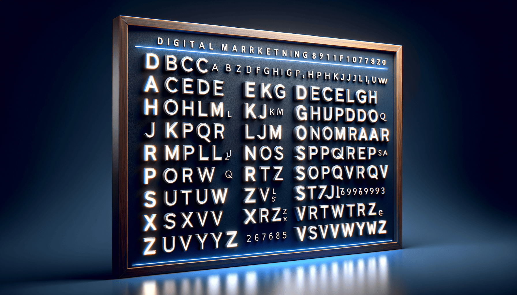 Glowing digital marketing sign board with embossed letters.