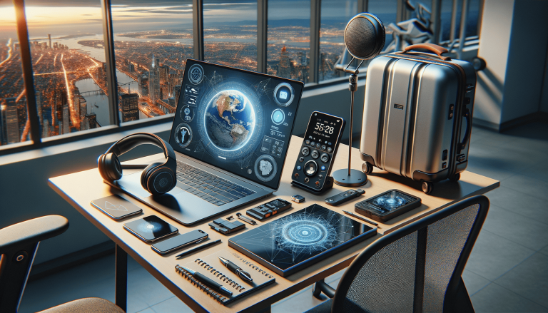 Modern tech workspace with smart devices and city skyline view.
