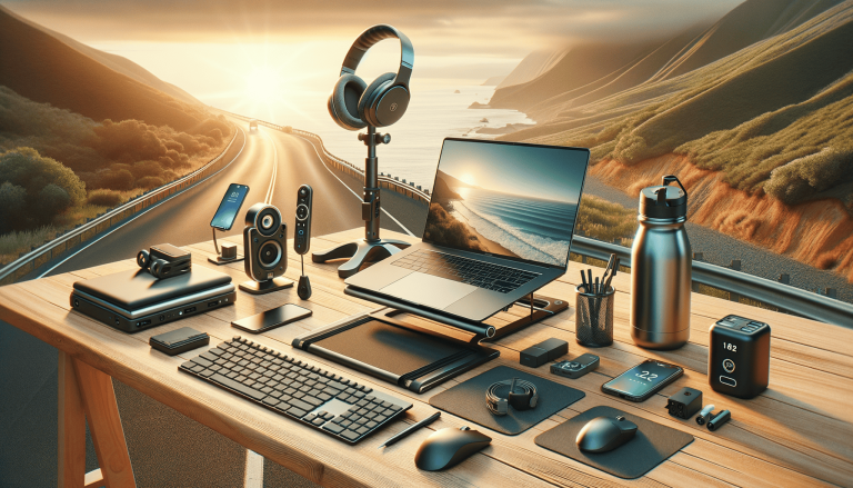Digital nomad tech setup on desk, scenic coastal road sunset.