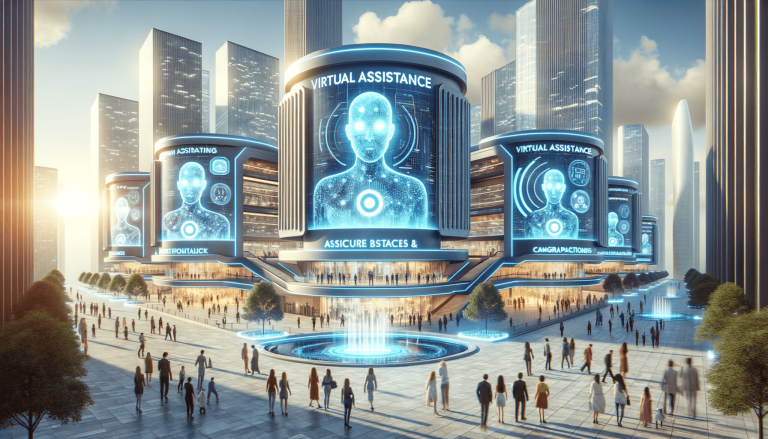Futuristic urban centre displaying virtual assistance on large glowing screens.
