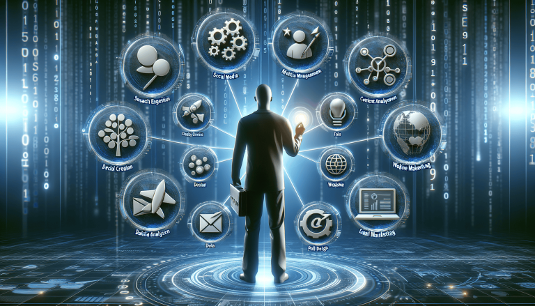 Man selecting digital marketing services from holographic interface.