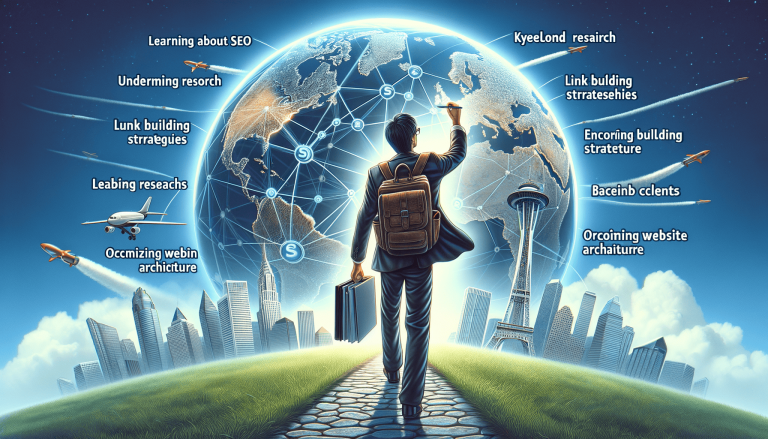 Businessman walking towards global network for SEO and research.
