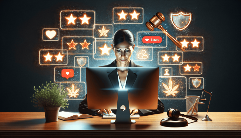 Female lawyer online, surrounded by legal and cannabis icons.