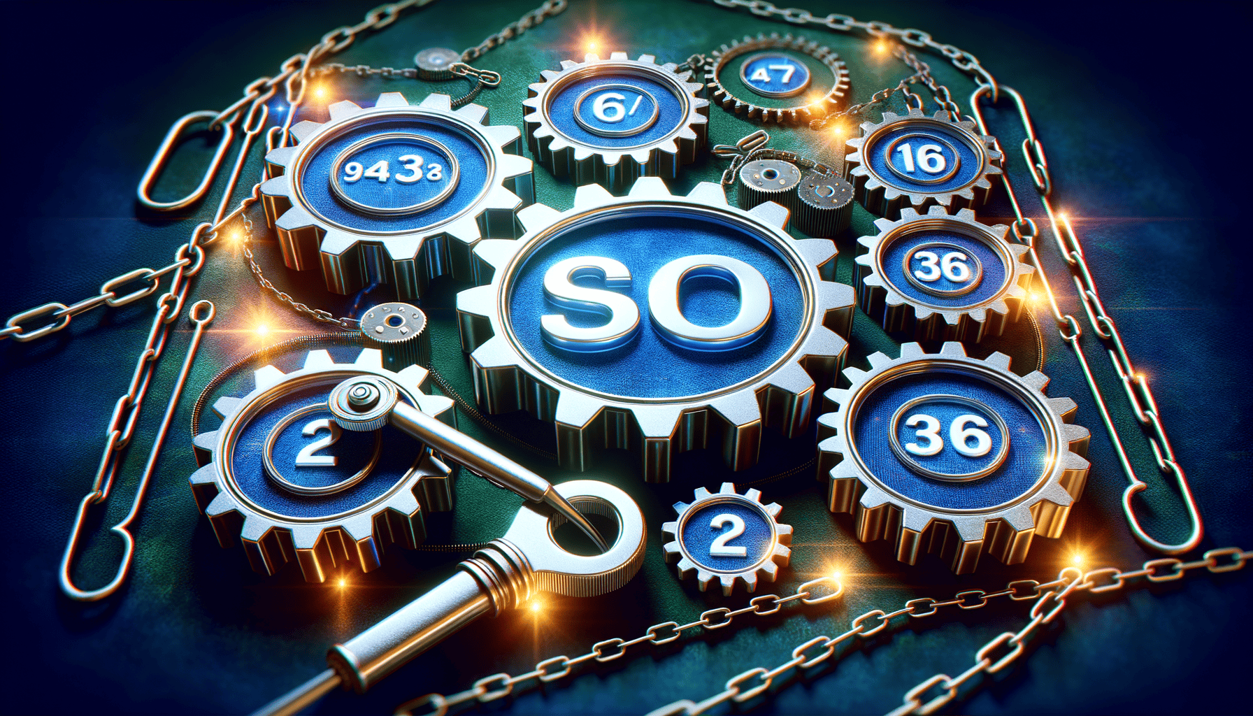 Interlocking SEO gears with glowing chains.