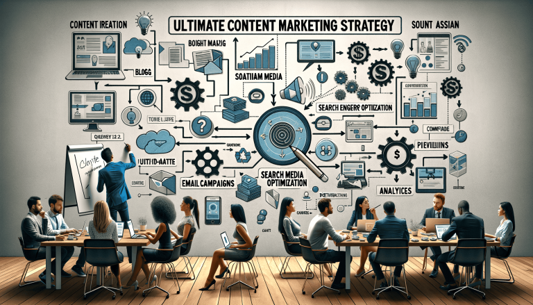 Business meeting with 'Ultimate Content Marketing Strategy' infographic.