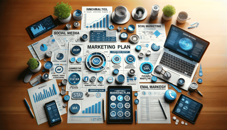 Detailed marketing plan documents, laptop, tablet, and phone on desk.