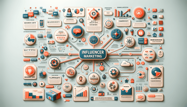 Influencer marketing infographic with connected icons and data.