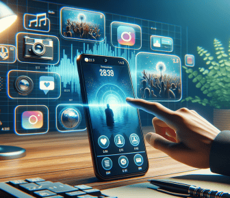 Futuristic smartphone interface with floating app icons.