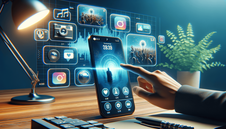 Hand interacting with futuristic smartphone and holographic app interface.