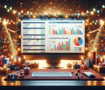 Festive office with data analytics screen, Christmas decor.