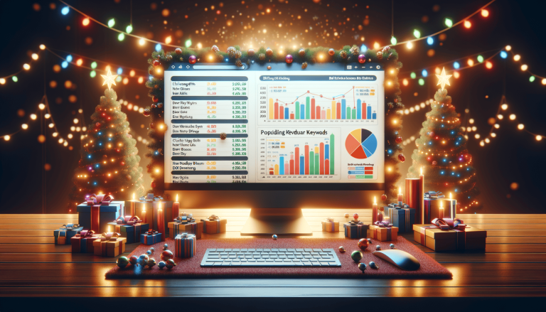 Festive desk with computer showing data charts, gifts.
