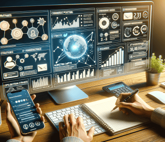 Person analysing data on computer and smartphone