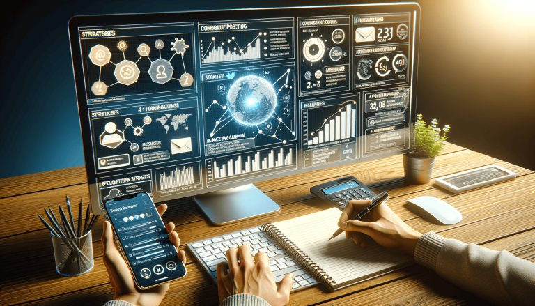 Digital marketing data analysis on monitor, phone, and notebook.