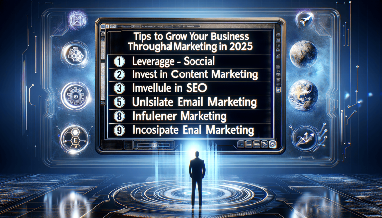 Futuristic screen displays business marketing tips to a man.