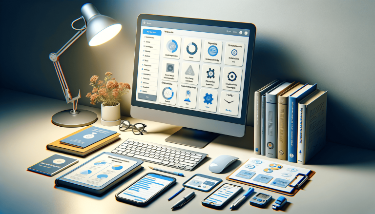 Modern desk setup with multiple screens displaying business data.