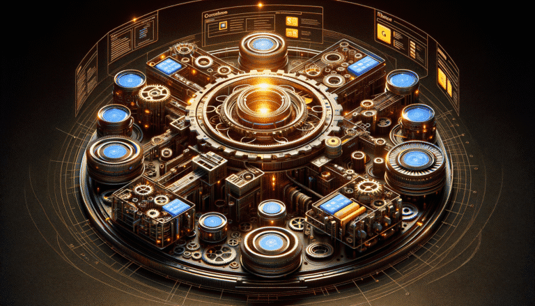 Intricate glowing futuristic machine with gears and digital displays.