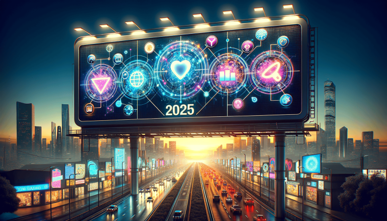 Futuristic city with large digital billboard displaying 2025 tech.