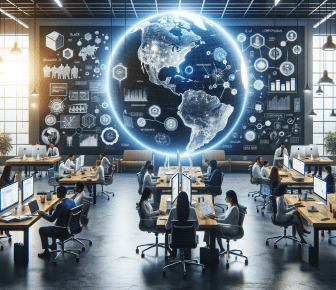 Futuristic office with global digital data displays.