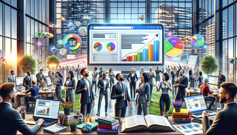 Diverse business professionals collaborating in a futuristic office with data analytics.