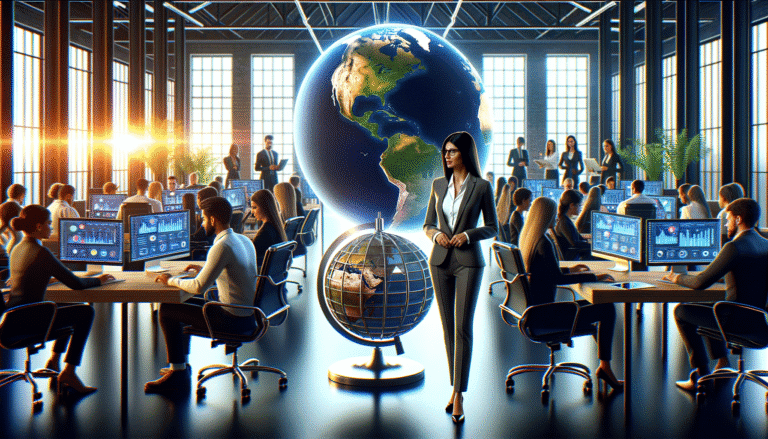 Global business professionals analysing data in a modern office.