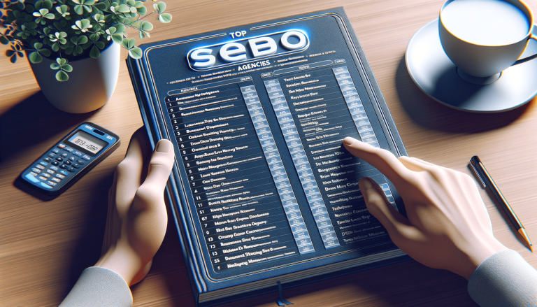 Hands reviewing digital 'TOP SEBO AGENCIES' list on screen.